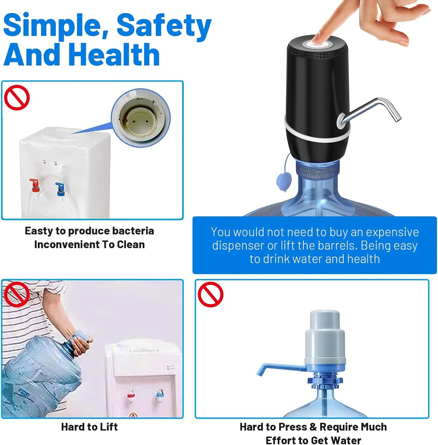 2-5 Gallon Portable Water Dispenser, Water Bottle Pump Rechargeable for 5 Gallon with Silicone Cap, Automatic Drinking Water Jug Dispenser (Black)