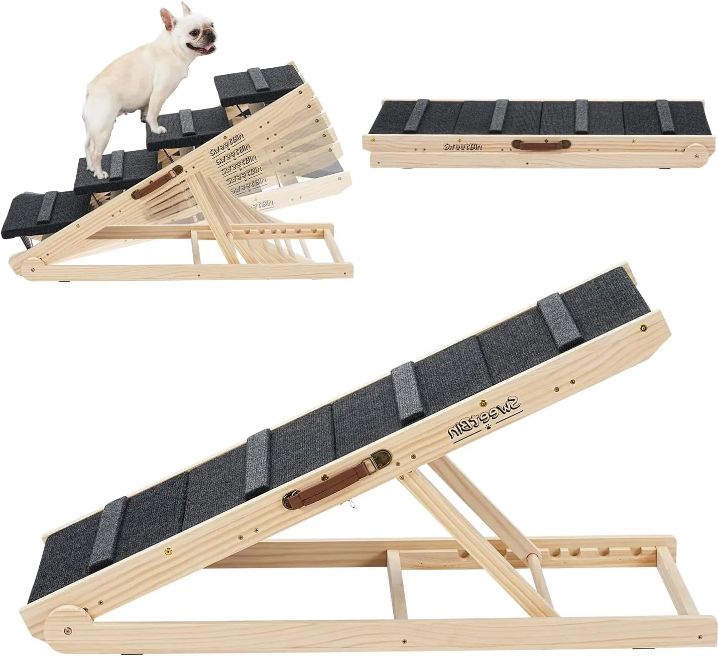 2-in-1 Dog Stairs & Ramp - 45.3" Long Adjustable 14"-26" Car Steps for Small Medium Dogs - Folding Portable Wooden Pet Ramps for Couch, Bed or Sofa