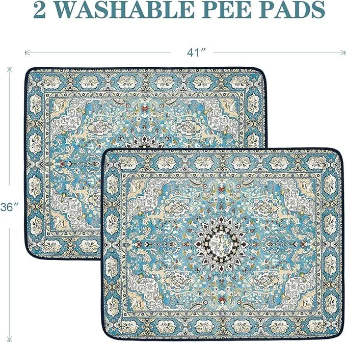 2-Pack Reusable Puppy Potty Pads 36"x41", Washable, Litter Mat, For Floor, Crate, Couch, Medallion Blue