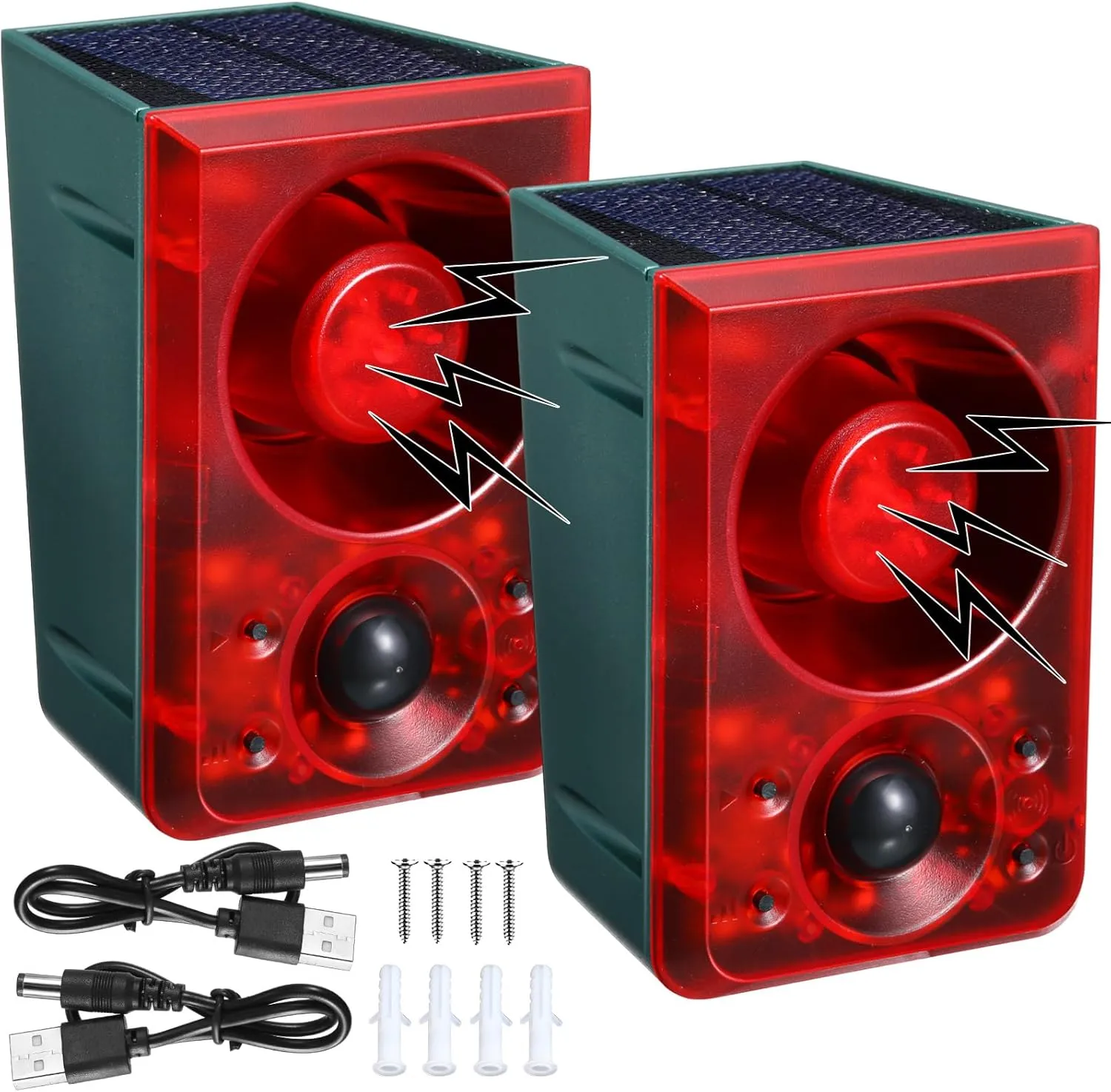 4 Pcs Solar Outdoor Motion Sensor Alarm Motion Sensor Animal Deterrent Gunshot Sound Dog Barking Alarm 130db Loud Noise Maker 3 Modes with USB Remote Control, Support Recording and Volume Adjustment