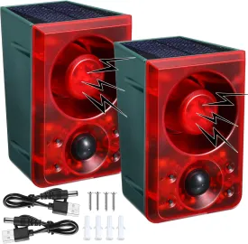 4 Pcs Solar Outdoor Motion Sensor Alarm Motion Sensor Animal Deterrent Gunshot Sound Dog Barking Alarm 130db Loud Noise Maker 3 Modes with USB Remote Control, Support Recording and Volume Adjustment