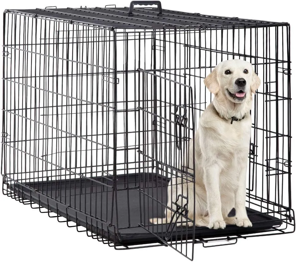 48 42 Inch Large Dog Crate Kennel Metal Wire Indoor/Outdoor Double-Door Folding Dog Cage for Large Medium Puppy Dog Pet Crate with Plastic Tray and Handle
