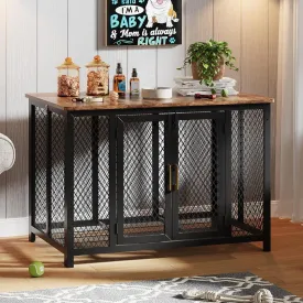 48 Inch Flip Top Dog Crate Furniture, Large Dog Kennel with 2 Doors, Latches, Heavy Duty Metal Dog Cage End Table, Farmhouse Dog Furniture for Large Medium Small Dogs, Brown