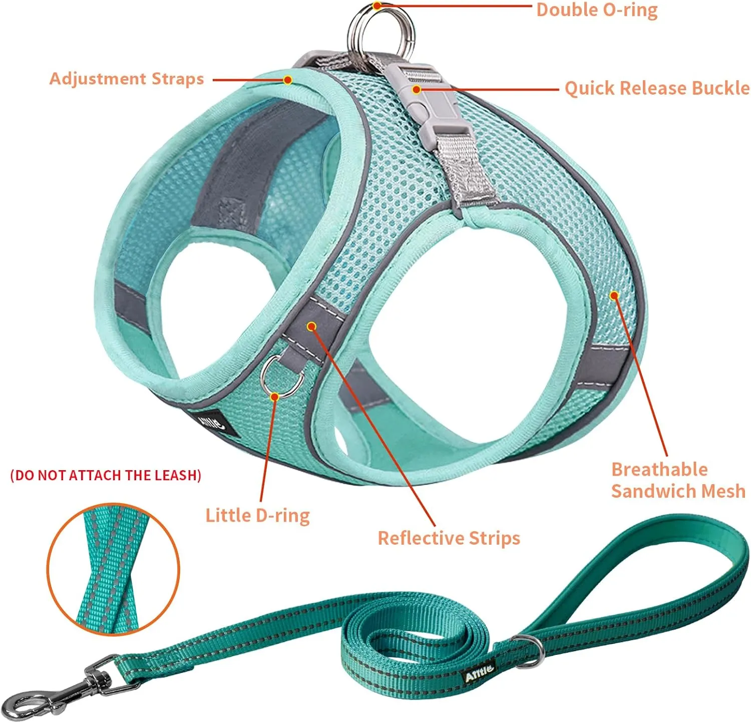 AIITLE Comfortable Dog Harness and Leash Set for Walking - Spring Step in Vest Harness,Reflective Bands, Adjustable No Pull Puppy Essentials, for Small Dogs and House Cats Pure Turquoise XS
