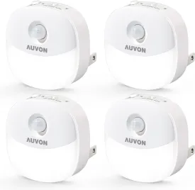 AUVON Plug in Night Light with Motion Sensor and Dusk to Dawn Sensor, Mini Cool White LED Nightlight with 1-50 lm Adjustable Brightness for Bathroom, Hallway, Stairs, Bedroom, Kitchen, 4 Packs