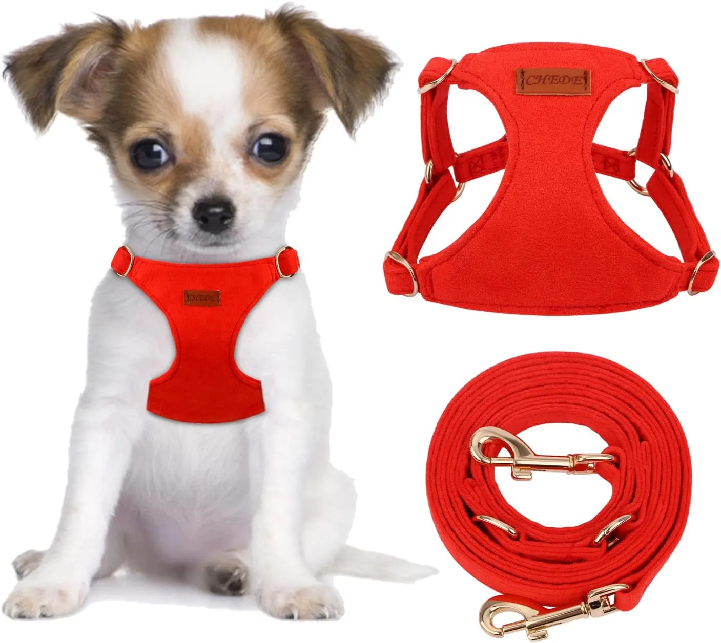 CHEDE No Pull Puppy Harness and Multifunction Dog Leash Set- 8 Colors Soft Adjustable No Choke Escape Proof Cute,Lightweight Pet Vest Harness for Small and Medium Dog (XXS, Red)