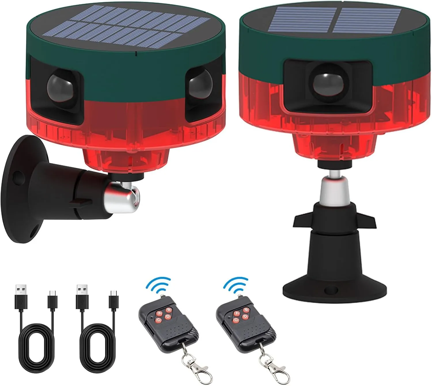 ChunHee Solar Motion Sensor Alarm Outdoor, Dog Barking & Gunshot Sounds & Recording, 360Motion Detector Alarm,129dB Loud Siren,3 Work Modes Activated Strobe Light with Remote 2Pack