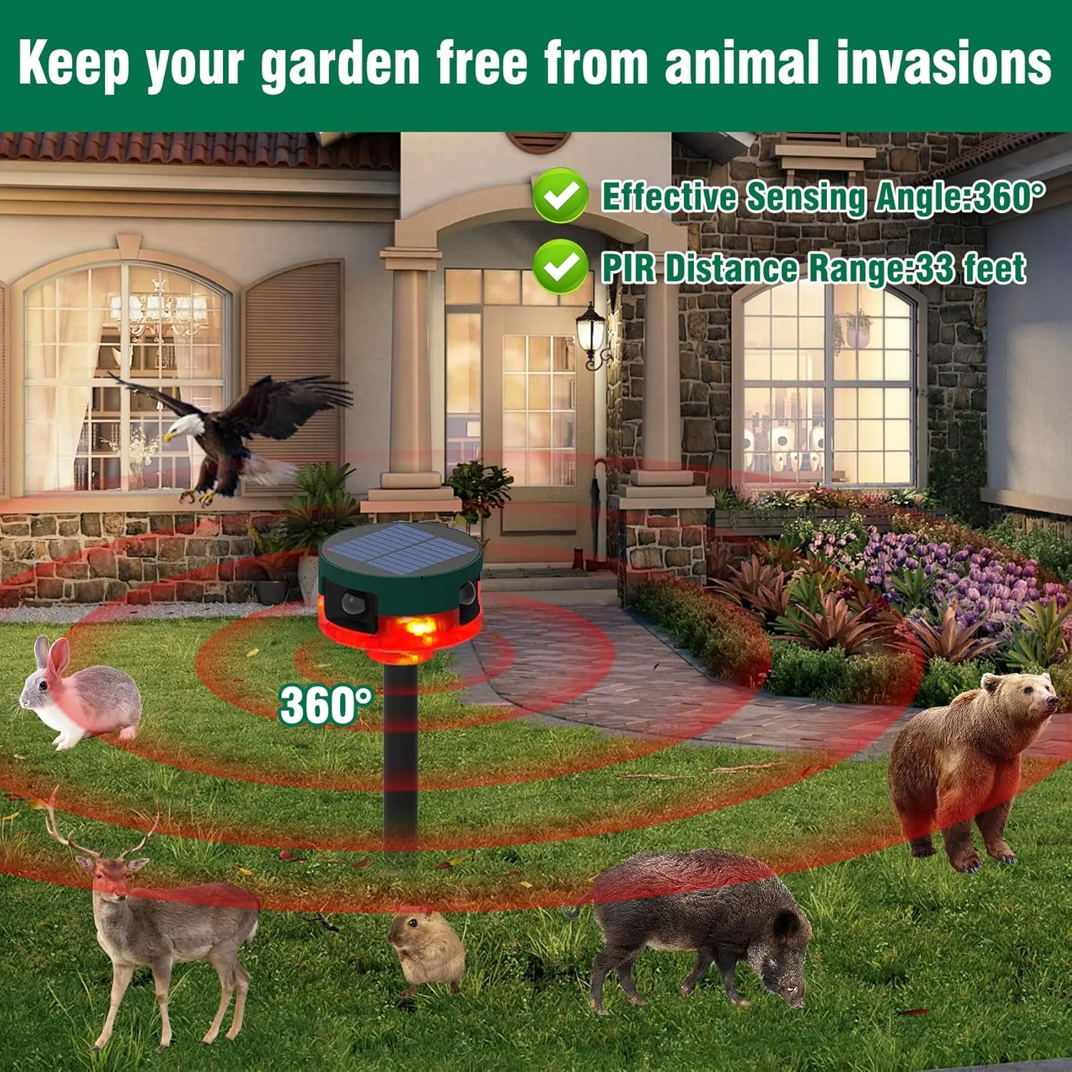 ChunHee Solar Motion Sensor Alarm Outdoor, Dog Barking & Gunshot Sounds & Recording, 360Motion Detector Alarm,129dB Loud Siren,3 Work Modes Activated Strobe Light with Remote 2Pack