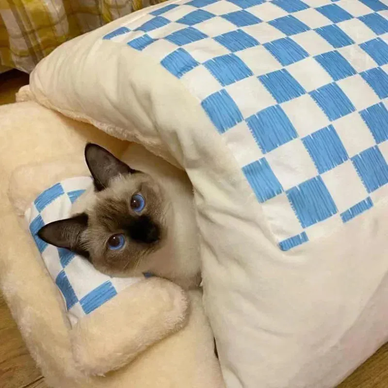 Cute Cat Bed | Warm Cat Sleeping Bag & Deep Sleep Cave | Winter Detachable Pet House | Nest Pillow with Pillow for Cats & Dogs