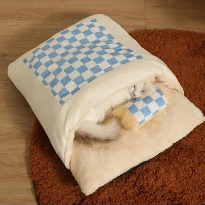Cute Cat Bed | Warm Cat Sleeping Bag & Deep Sleep Cave | Winter Detachable Pet House | Nest Pillow with Pillow for Cats & Dogs