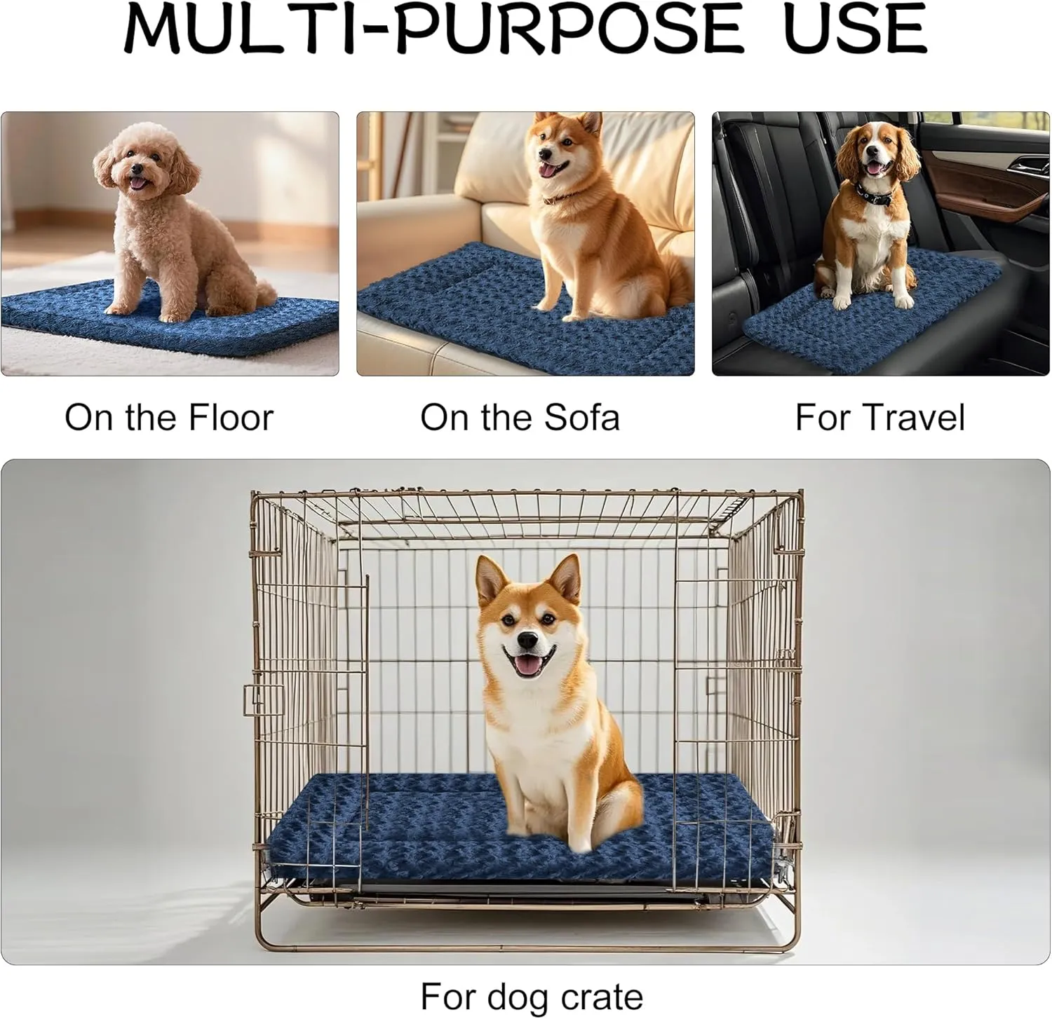 Dog Crate Bed Pad  Reversible Fleece Mat for Small, Medium, Large Dogs  Soft & Washable Anti-Slip Dog Bed Mat for Cages and Kennels  Comfortable, Durable Sleeping Pad for Dogs, Navy, S
