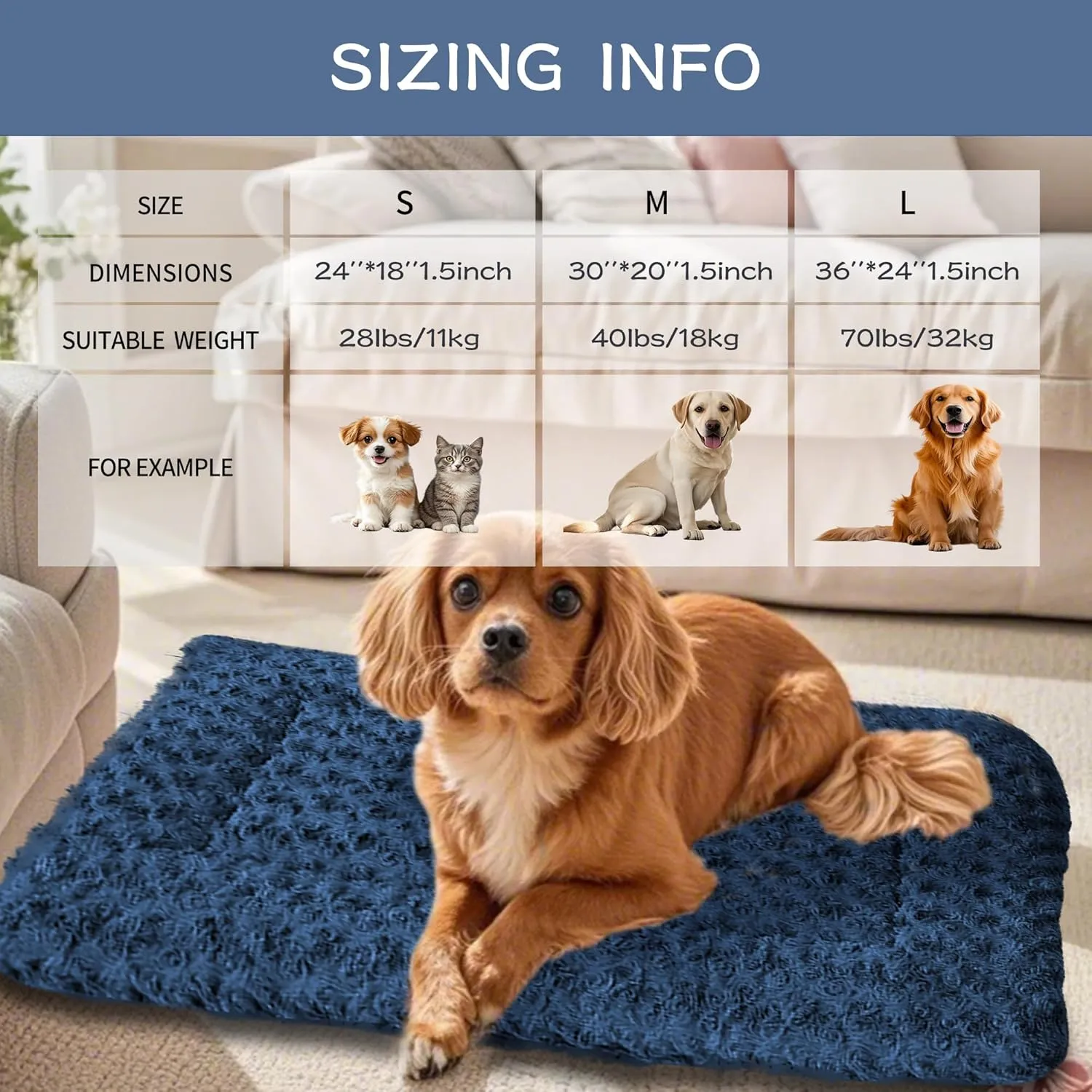 Dog Crate Bed Pad  Reversible Fleece Mat for Small, Medium, Large Dogs  Soft & Washable Anti-Slip Dog Bed Mat for Cages and Kennels  Comfortable, Durable Sleeping Pad for Dogs, Navy, S
