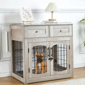 Dog Crate Furniture with Storage Drawers,31.5" Wooden Dog Crate Table with 2 Drawers,Indoor Dog Kennel with Cushion,Dog House,Dog Cage,Side End Table Crate,Gray