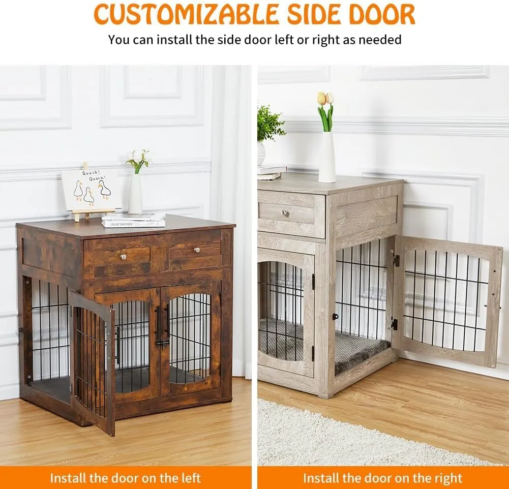 Dog Crate Furniture with Storage Drawers,31.5" Wooden Dog Crate Table with 2 Drawers,Indoor Dog Kennel with Cushion,Dog House,Dog Cage,Side End Table Crate,Gray