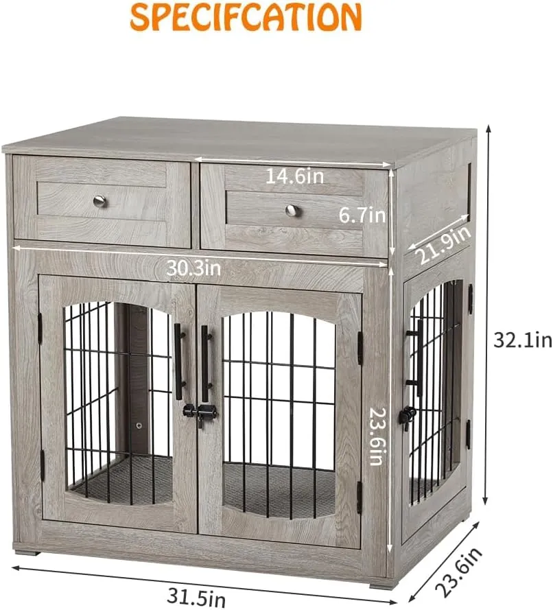Dog Crate Furniture with Storage Drawers,31.5" Wooden Dog Crate Table with 2 Drawers,Indoor Dog Kennel with Cushion,Dog House,Dog Cage,Side End Table Crate,Gray