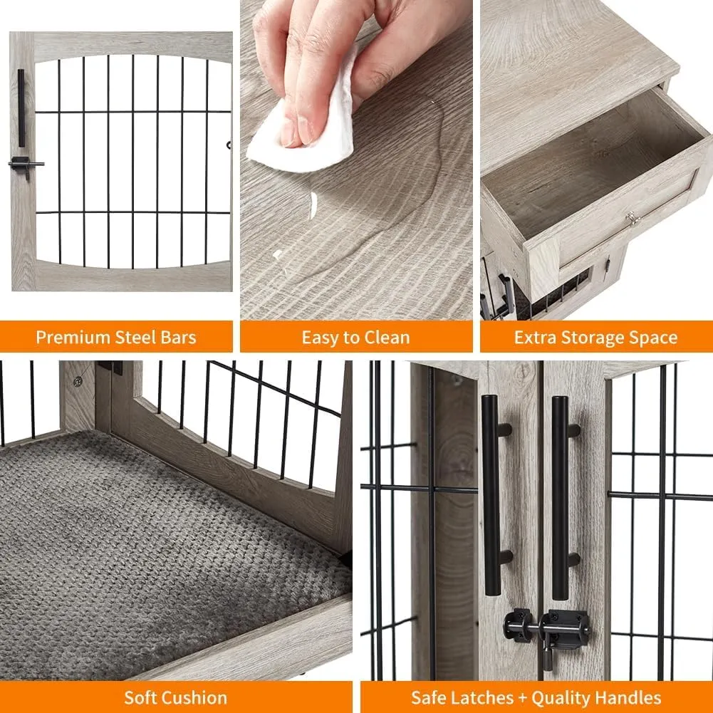Dog Crate Furniture with Storage Drawers,31.5" Wooden Dog Crate Table with 2 Drawers,Indoor Dog Kennel with Cushion,Dog House,Dog Cage,Side End Table Crate,Gray