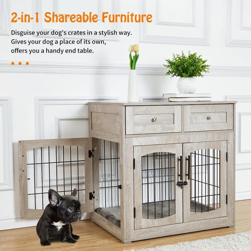 Dog Crate Furniture with Storage Drawers,31.5" Wooden Dog Crate Table with 2 Drawers,Indoor Dog Kennel with Cushion,Dog House,Dog Cage,Side End Table Crate,Gray
