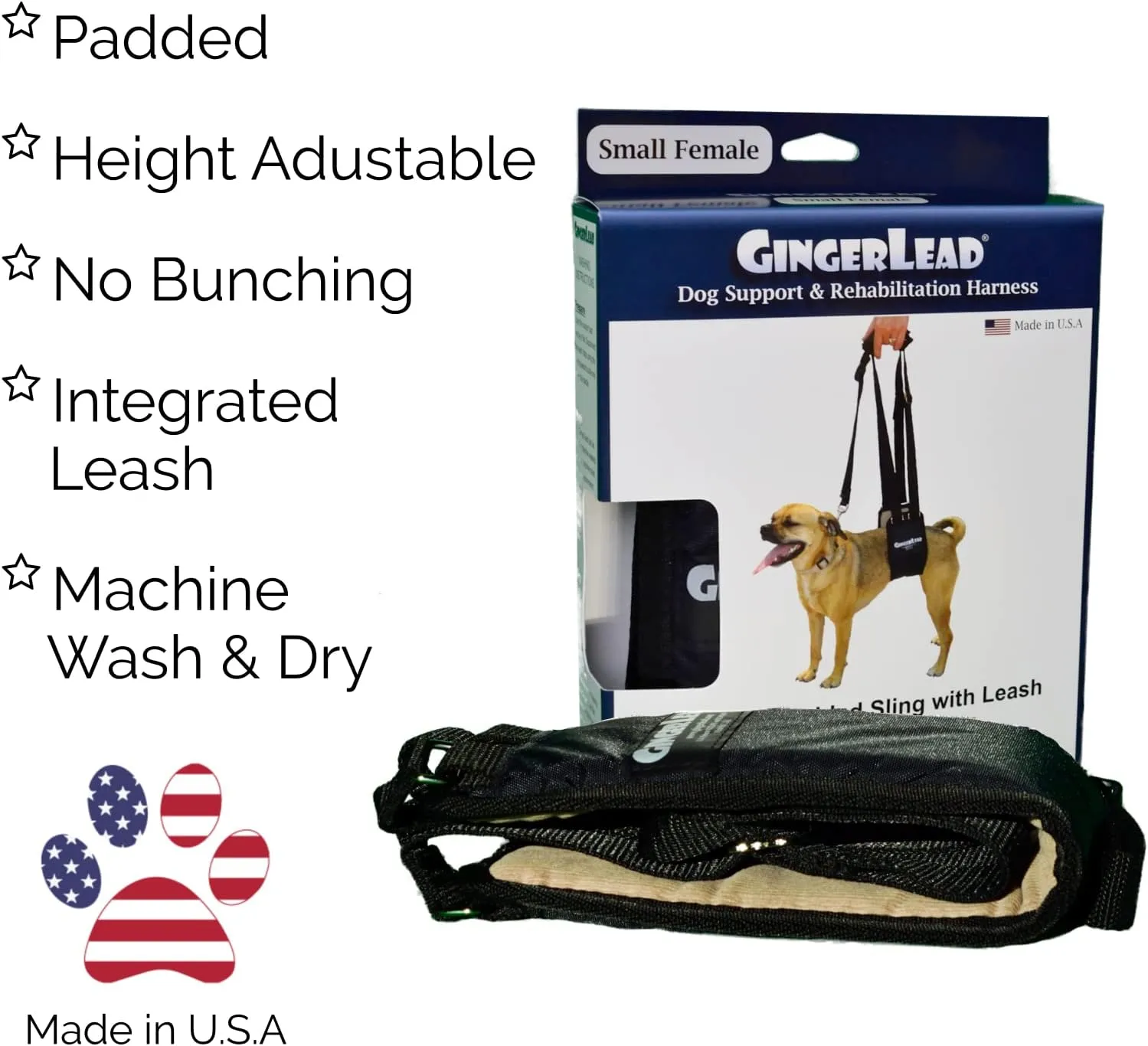 Dog Sling Support Harness, SM Female fits Small to Medium Size Pets 20-50 lbs. or Larger Barrel Chested Dogs Like Boxers or Bullies. Padded Rear Lifting Aid with Leash. Made in U.S.A.