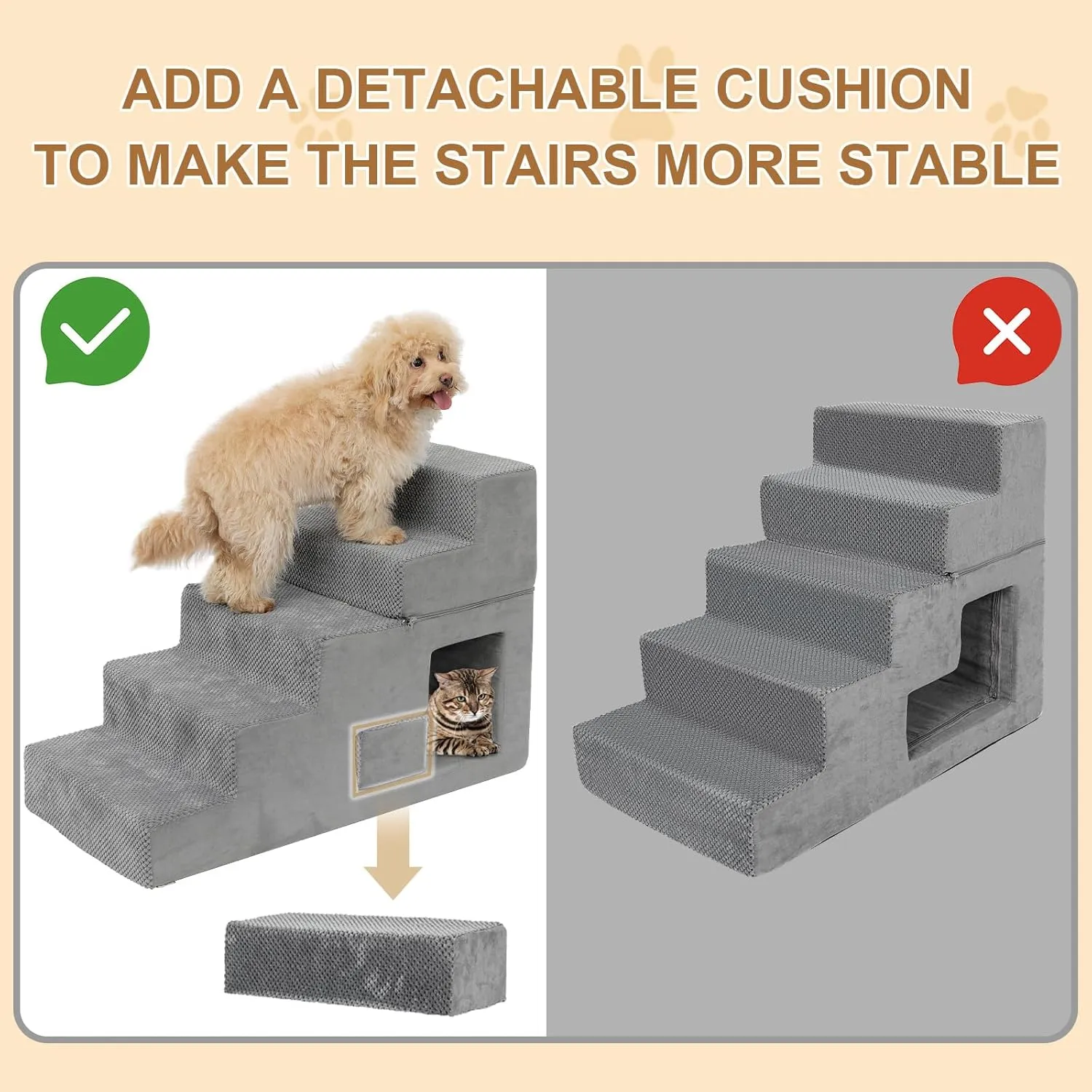 Dog Stairs for Small Dogs 23 H, 5-Step Dog Steps for High Bed, High-Density Foam Pet Stairs with Non-Slip Removable Washable Cover to Get on Bed