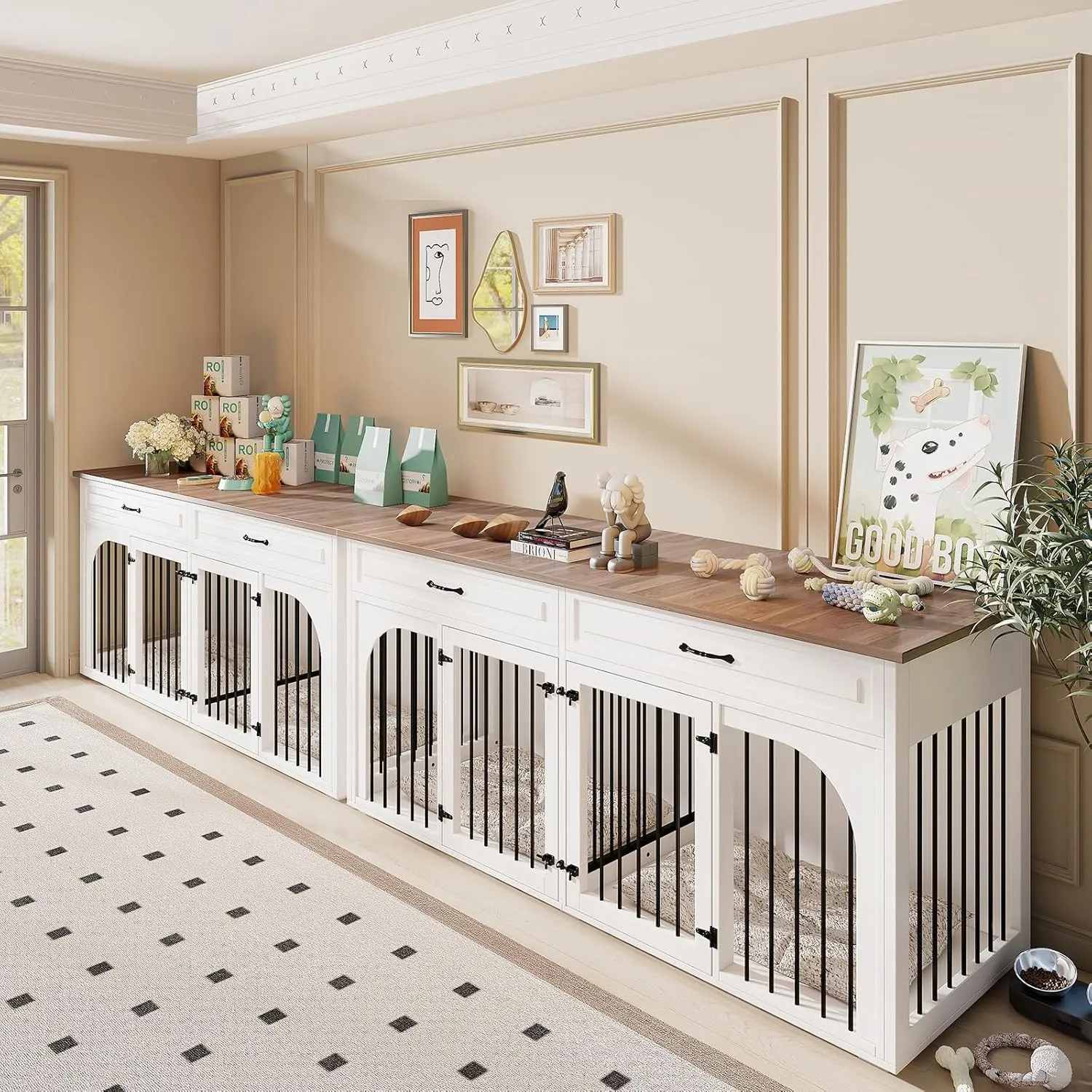 EBE Dog Crate Furniture, 74.8''Wooden Dog Kennel with 2 Drawers and Removable Divider, Dog Kennel Indoor Furniture with Double Rooms, Heavy Duty Dog Crate Table Indoor TV Stand for Large Medium Dogs