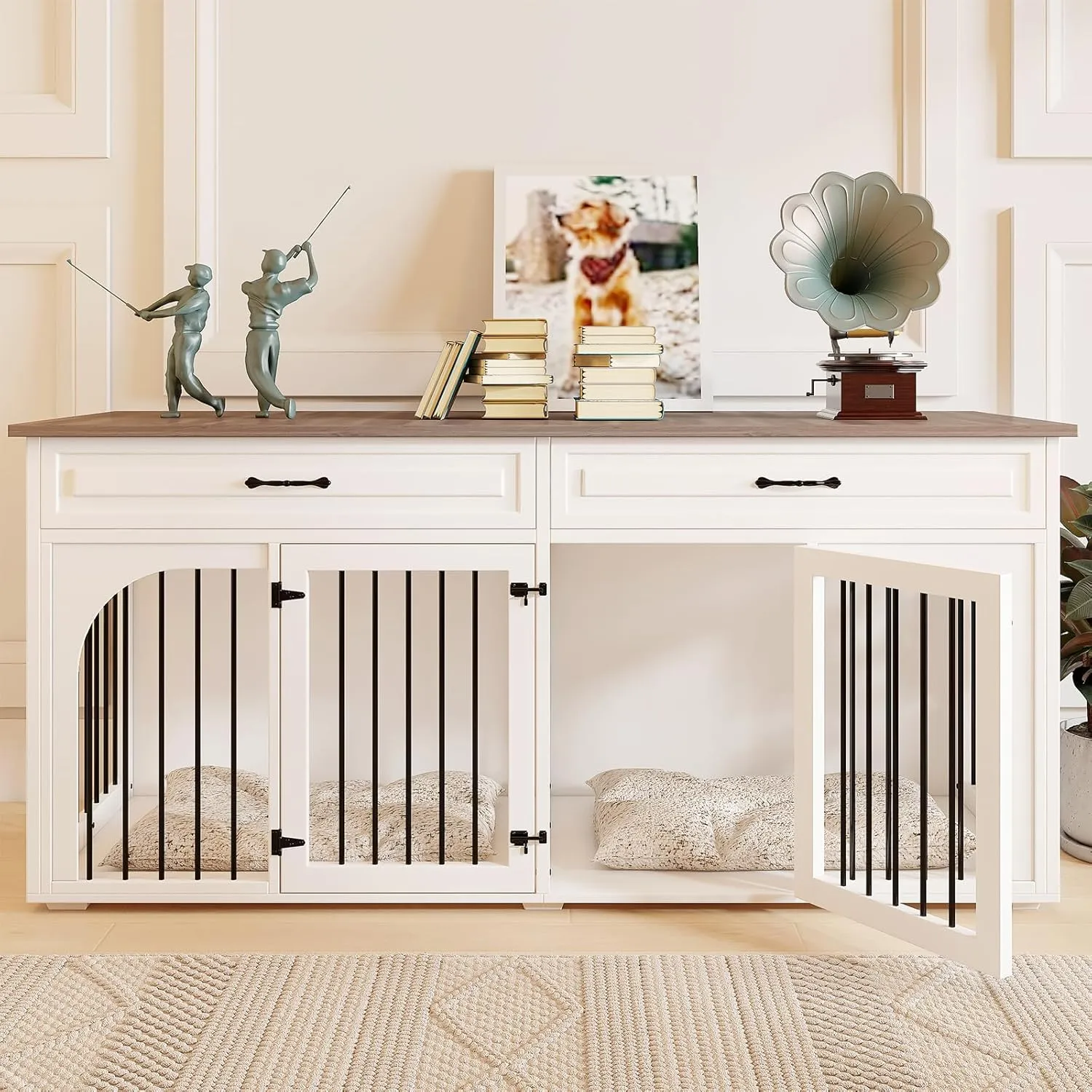EBE Dog Crate Furniture, 74.8''Wooden Dog Kennel with 2 Drawers and Removable Divider, Dog Kennel Indoor Furniture with Double Rooms, Heavy Duty Dog Crate Table Indoor TV Stand for Large Medium Dogs