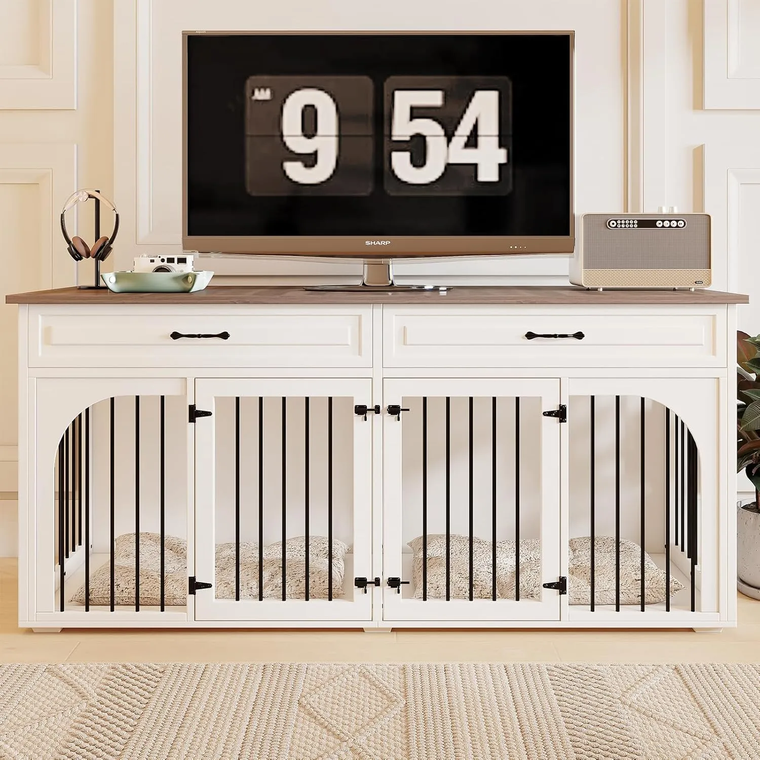 EBE Dog Crate Furniture, 74.8''Wooden Dog Kennel with 2 Drawers and Removable Divider, Dog Kennel Indoor Furniture with Double Rooms, Heavy Duty Dog Crate Table Indoor TV Stand for Large Medium Dogs