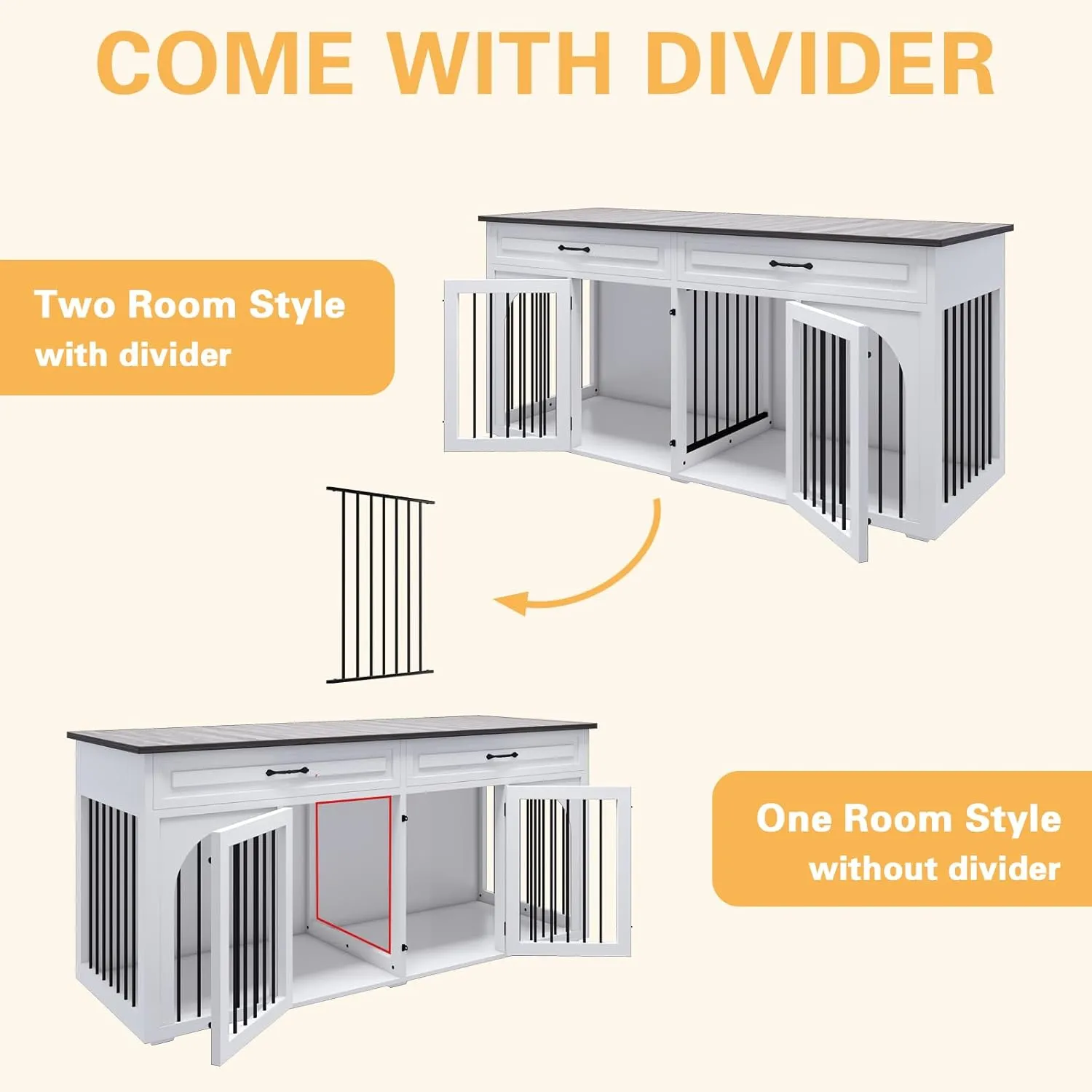 EBE Dog Crate Furniture, 74.8''Wooden Dog Kennel with 2 Drawers and Removable Divider, Dog Kennel Indoor Furniture with Double Rooms, Heavy Duty Dog Crate Table Indoor TV Stand for Large Medium Dogs