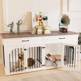EBE Dog Crate Furniture, 74.8''Wooden Dog Kennel with 2 Drawers and Removable Divider, Dog Kennel Indoor Furniture with Double Rooms, Heavy Duty Dog Crate Table Indoor TV Stand for Large Medium Dogs