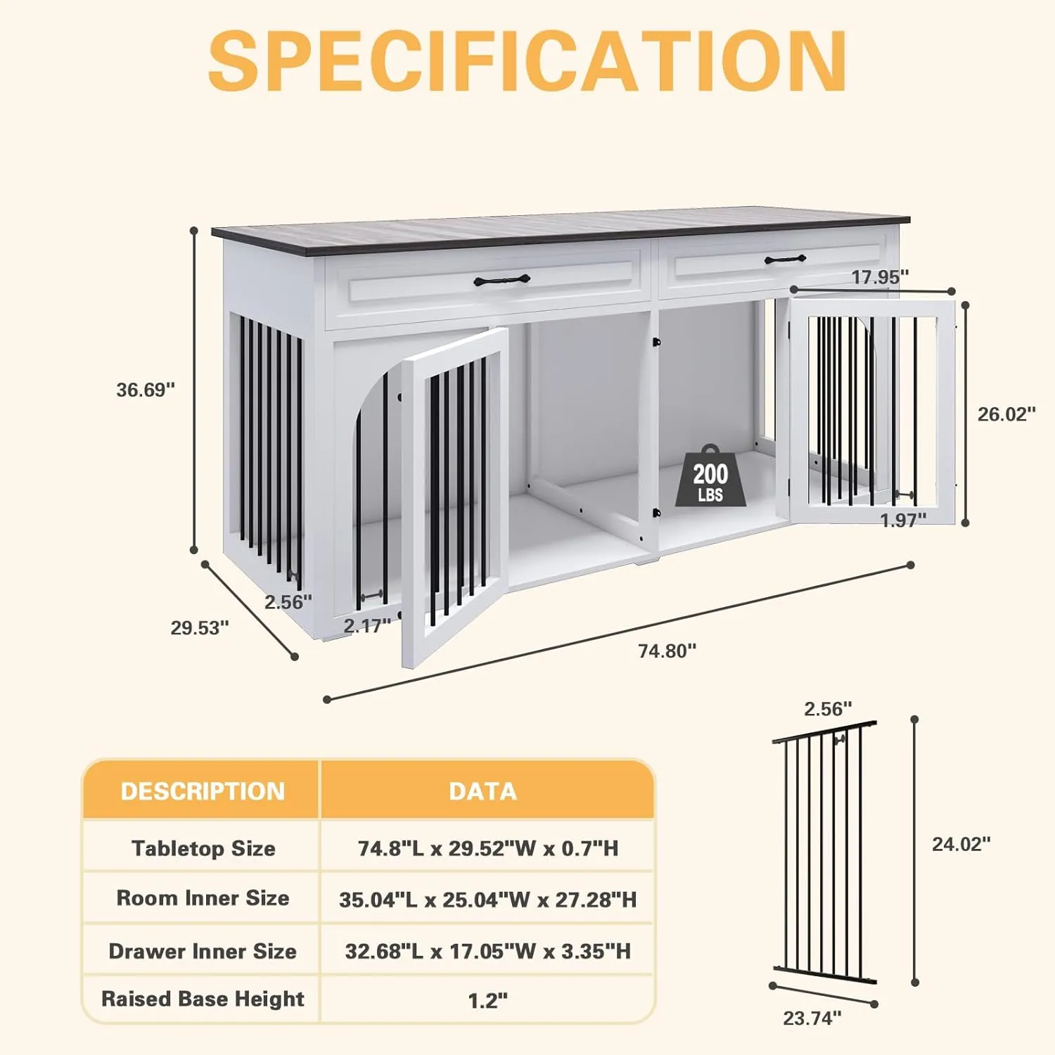 EBE Dog Crate Furniture, 74.8''Wooden Dog Kennel with 2 Drawers and Removable Divider, Dog Kennel Indoor Furniture with Double Rooms, Heavy Duty Dog Crate Table Indoor TV Stand for Large Medium Dogs