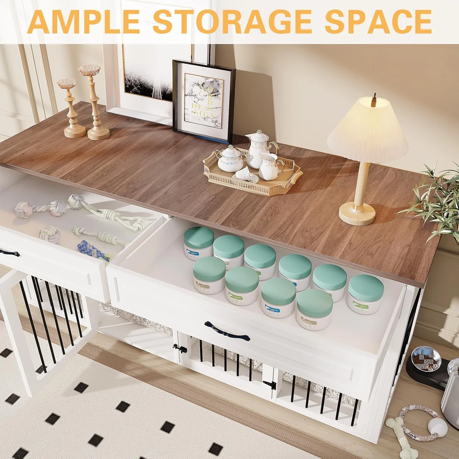 EBE Dog Crate Furniture, 74.8''Wooden Dog Kennel with 2 Drawers and Removable Divider, Dog Kennel Indoor Furniture with Double Rooms, Heavy Duty Dog Crate Table Indoor TV Stand for Large Medium Dogs