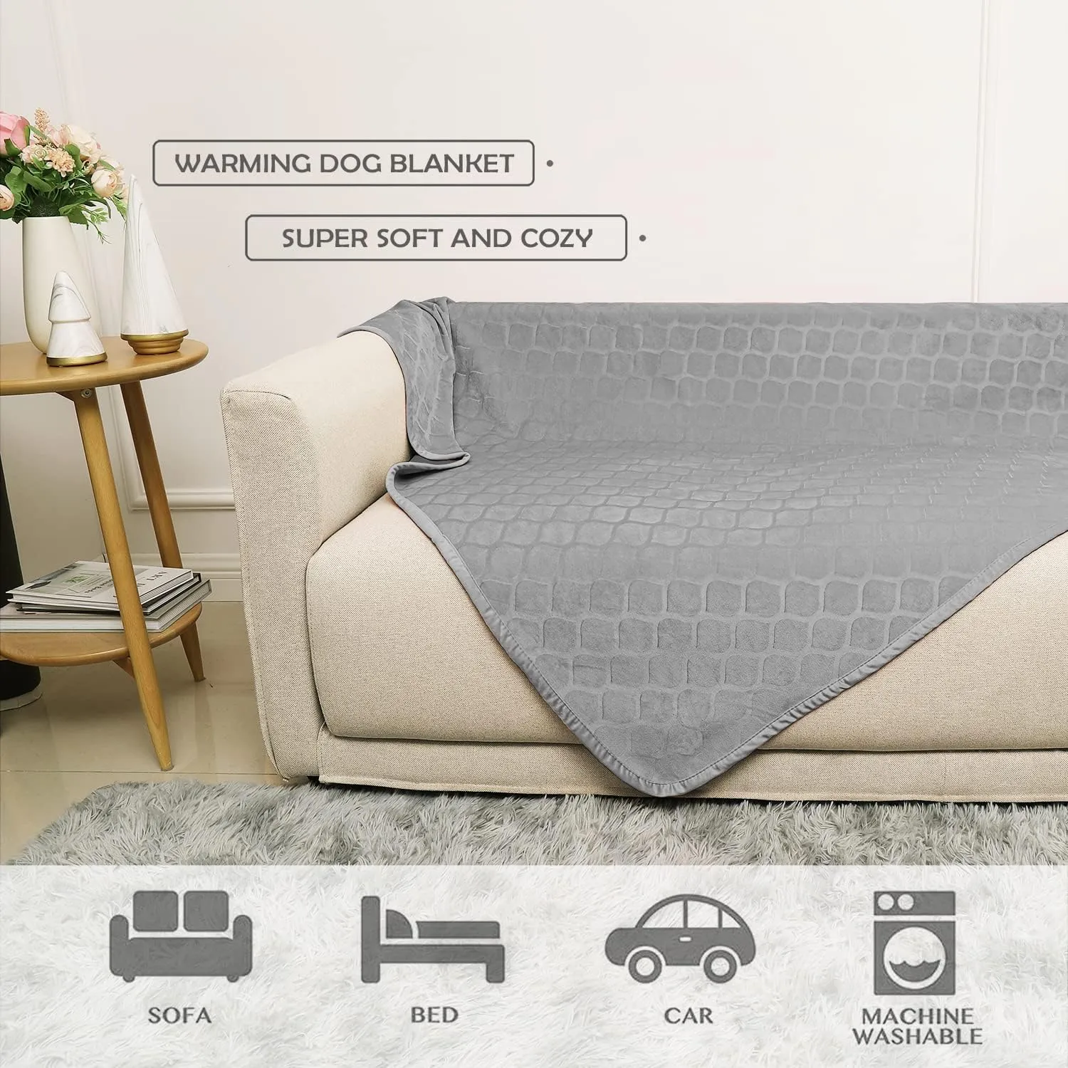 fuguitex Waterproof Dog Blanket Bed Cover Dog Crystal Velvet Moroccan Fuzzy Cozy Plush Pet Blanket Throw Blanket for Couch Sofa(52 * 82 inch, Light Grey Grey)