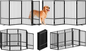 Full Metal Freestanding Dog Gate with Door, 32''Height Foldable Pet Dog Fence for Indoor & Outdoor, 8 Panels Extra Wide Free Standing TallDog Gates for Doorways,House,Stairs,Porch,Deck,Yard