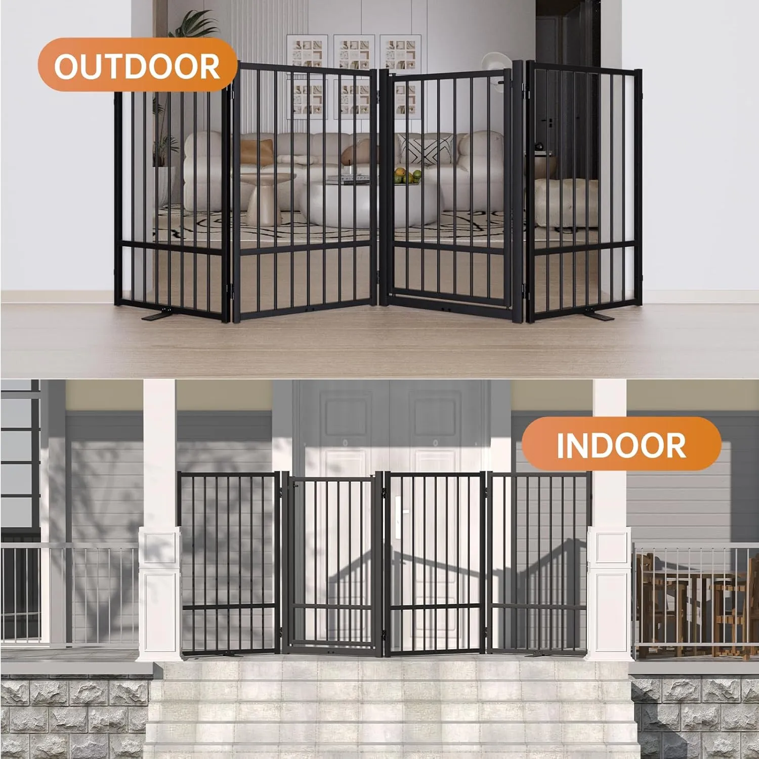Full Metal Freestanding Dog Gate with Door, 32''Height Foldable Pet Dog Fence for Indoor & Outdoor, 8 Panels Extra Wide Free Standing TallDog Gates for Doorways,House,Stairs,Porch,Deck,Yard