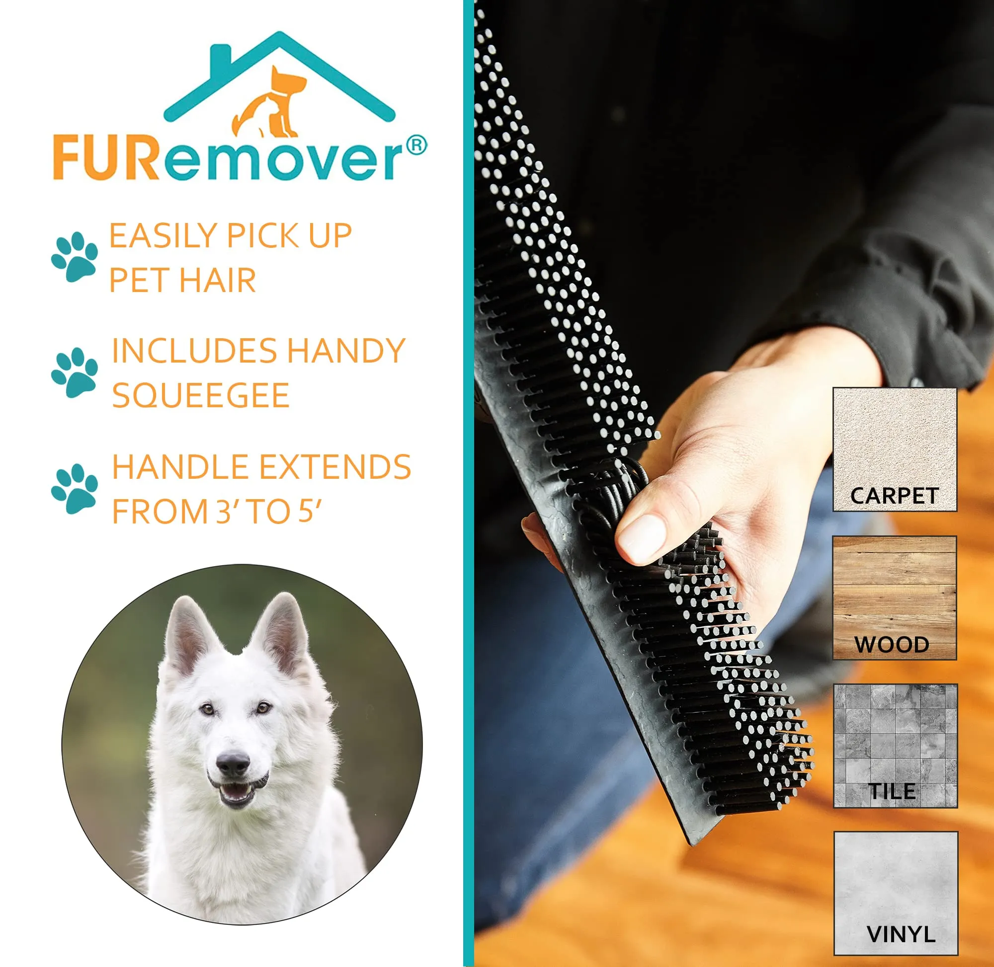 FURemover Pet Hair Remover Carpet Rake - Rubber Broom for Pet Hair Removal Tool