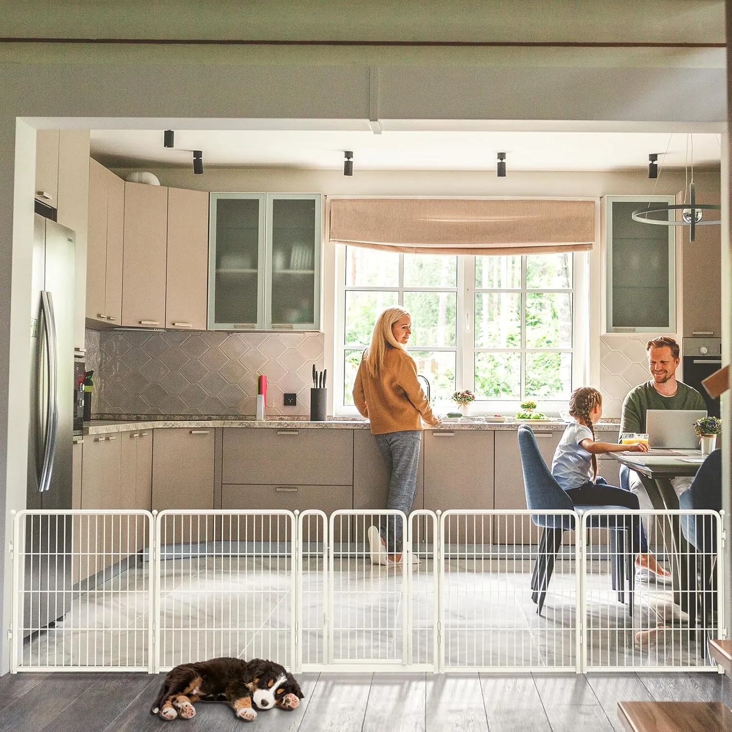 FXW Dog Gate Extra Wide Designed for Indoor Use, Adjustable Width Up to 219-inch Wide (32" H 8 Panels for Puppies and Small Dogs), White