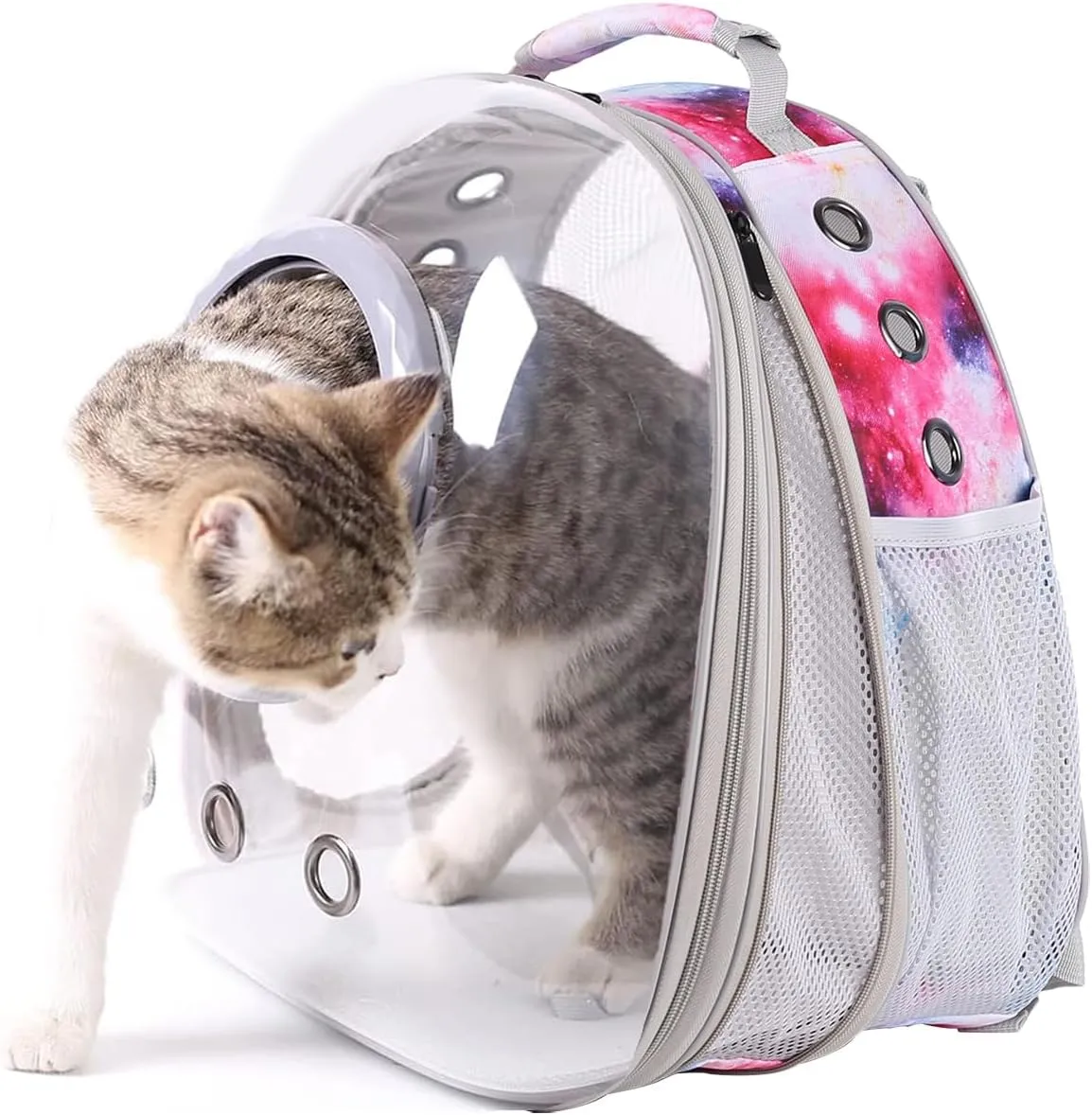 Galaxy Pink Cat Backpack with Bubble Window for Large Cats 20 lbs -Front Expandable Backpack Carrier, Pet Carrier Backpack Travel Hiking Camping Carrying Book Bag (Front Expandable-Galaxy Pink)