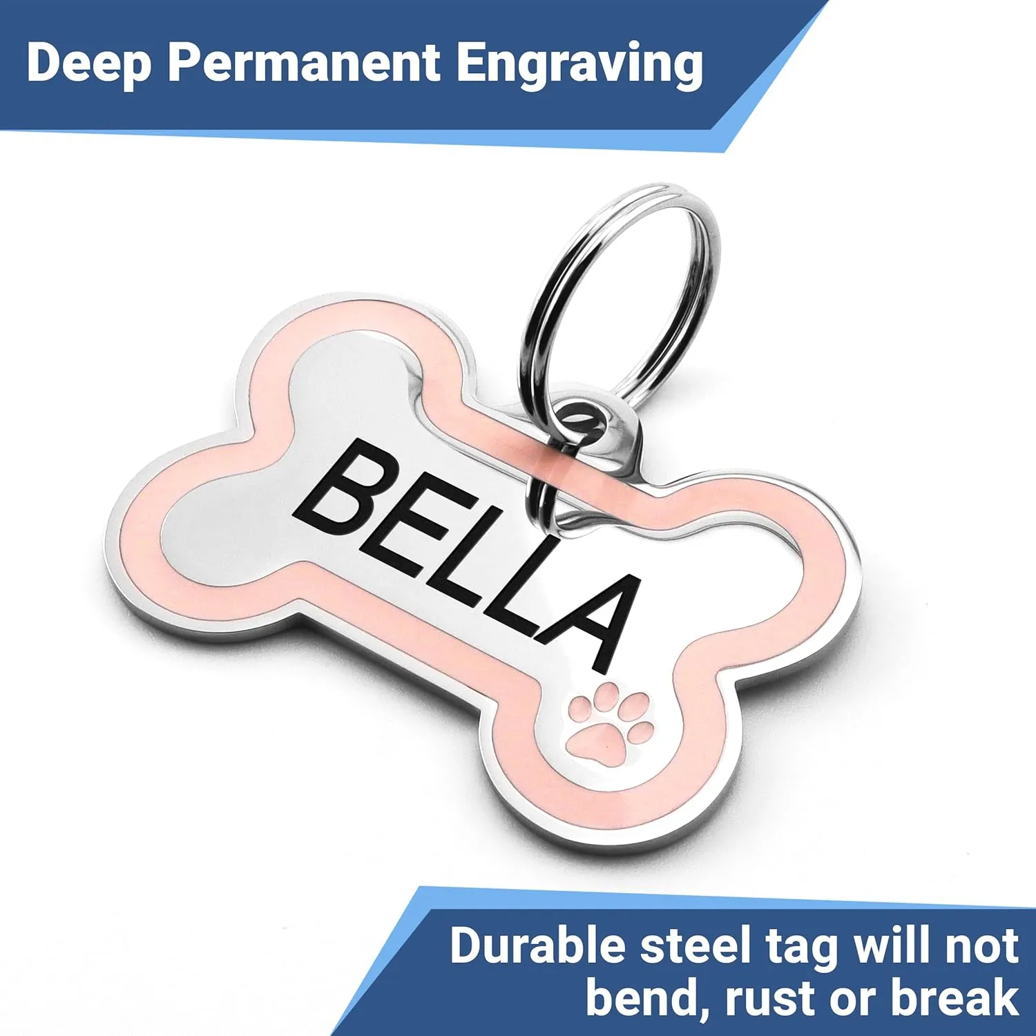 GoTags Stainless Steel Pet ID Bone Shaped Tags with Enamel Paw Design, Personalized Dog and Cat Tags, up to 5 Lines of Custom Text, Engraved on Both Sides (Charcoal, Small)