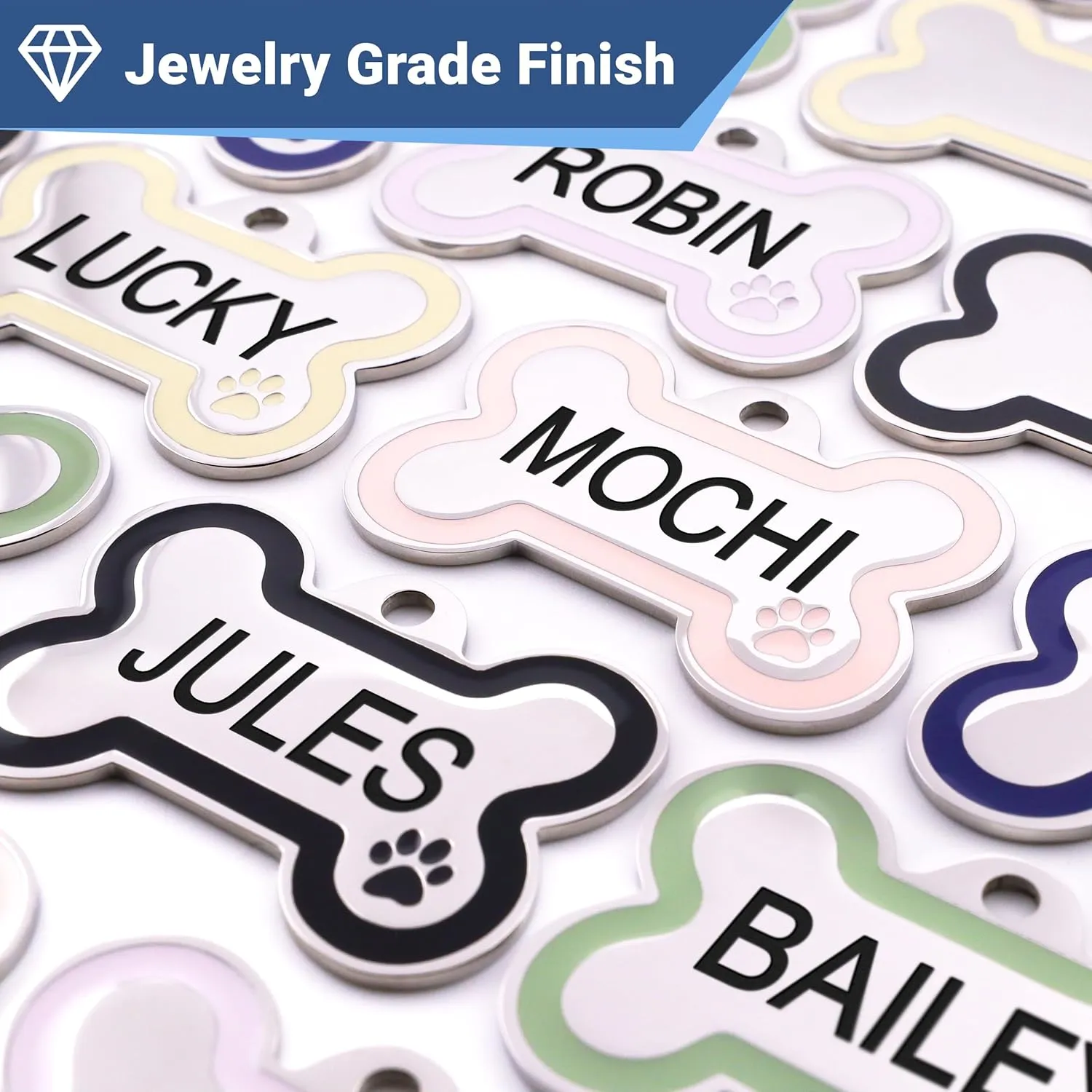 GoTags Stainless Steel Pet ID Bone Shaped Tags with Enamel Paw Design, Personalized Dog and Cat Tags, up to 5 Lines of Custom Text, Engraved on Both Sides (Charcoal, Small)