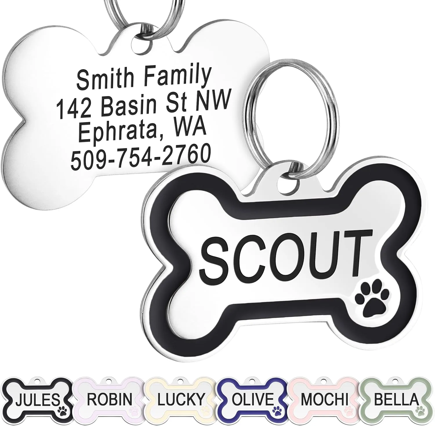 GoTags Stainless Steel Pet ID Bone Shaped Tags with Enamel Paw Design, Personalized Dog and Cat Tags, up to 5 Lines of Custom Text, Engraved on Both Sides (Charcoal, Small)