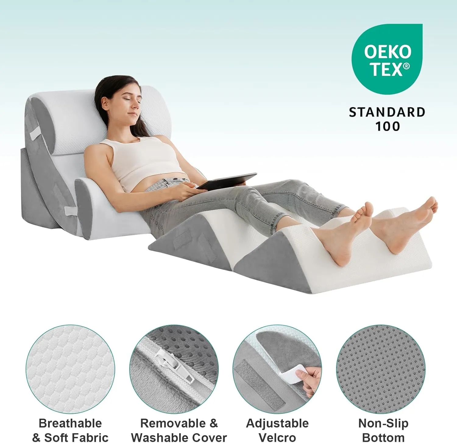 Hansleep 6PCS Orthopedic Bed Wedge Pillow for Sleeping, Adjustable Post Surgery Pillow Set for Body, Back and Leg Pain Relief, Memory Foam Support Pillows for After Surgery, White