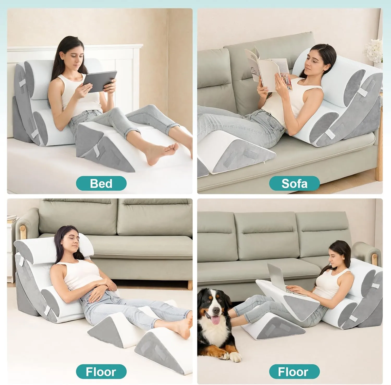 Hansleep 6PCS Orthopedic Bed Wedge Pillow for Sleeping, Adjustable Post Surgery Pillow Set for Body, Back and Leg Pain Relief, Memory Foam Support Pillows for After Surgery, White