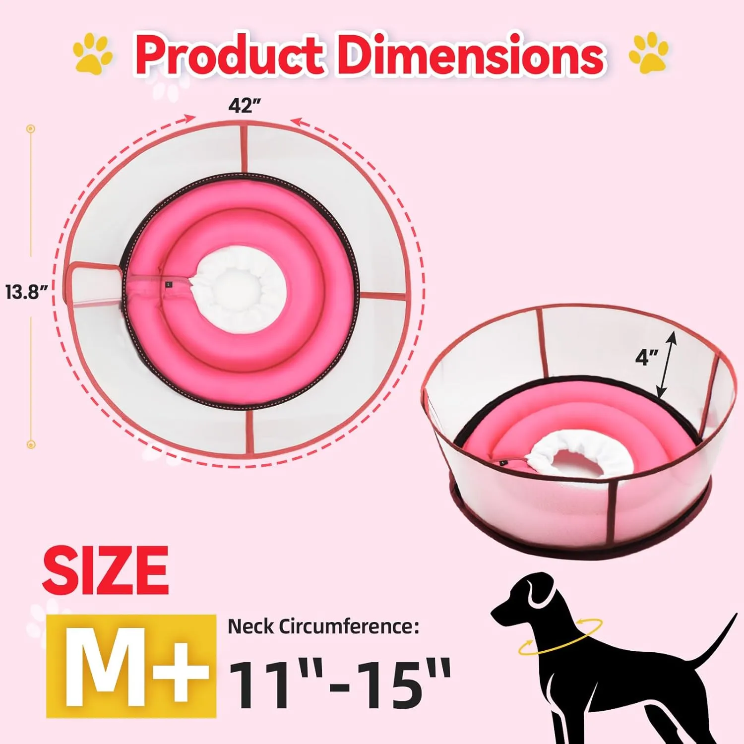 Inflatable Dog Cone After Surgery, Upgraded Adjustable Soft Dual-Ring Dog Cone Collar with Detachable Anti-Licking Shield (M , Pink, Patented)