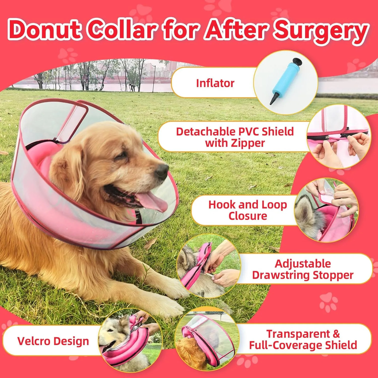 Inflatable Dog Cone After Surgery, Upgraded Adjustable Soft Dual-Ring Dog Cone Collar with Detachable Anti-Licking Shield (M , Pink, Patented)