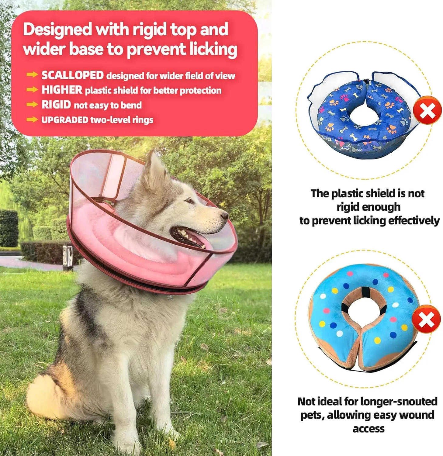 Inflatable Dog Cone After Surgery, Upgraded Adjustable Soft Dual-Ring Dog Cone Collar with Detachable Anti-Licking Shield (M , Pink, Patented)