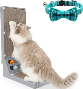 Joytale L Shaped Cat Scratcher and Cat Collar with Bells Set, Interactive Cat Scratching Board with 2 Ball Toys and 1 Pack Breakaway Cat Collars with Bow Tie, Teal