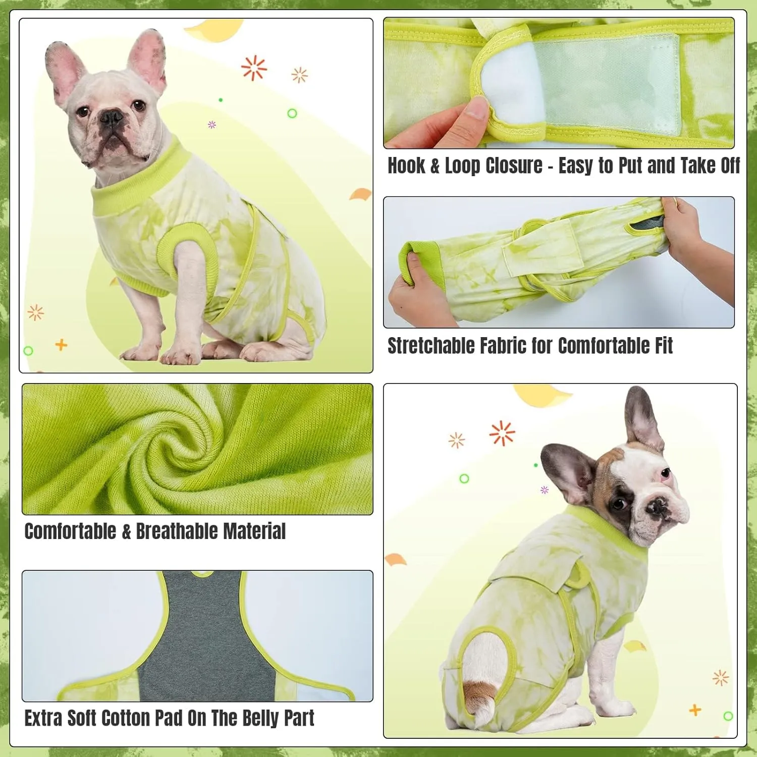 Kuoser Dog Surgery Recovery Suit, Anti Licking Pet Surgical Suit for Dogs Male Neuter, Female Dog Surgery Suit for Spay Subsititute E-Collar Cone, Dogs Body Suits After Surgery Green Tie Dye S