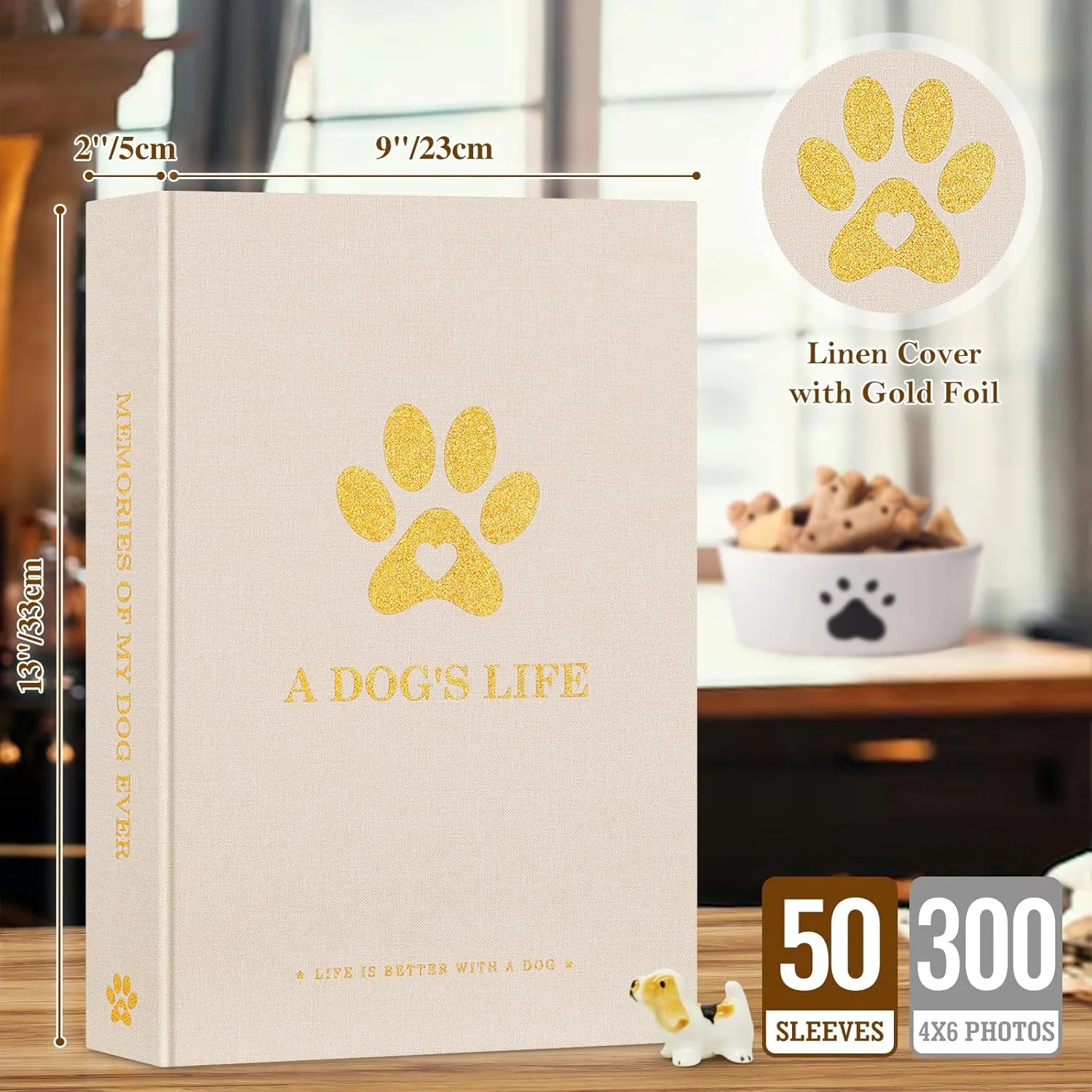 Lanpn Cute Puppy Photo Album 4x6 300 Pockets, Linen Cover A DOG'S LIFE Holds 300 Horizontal 4 x 6 Photos with Memo Writing Area Dogs Memory Book Keepsake for Dog Lovers Beige