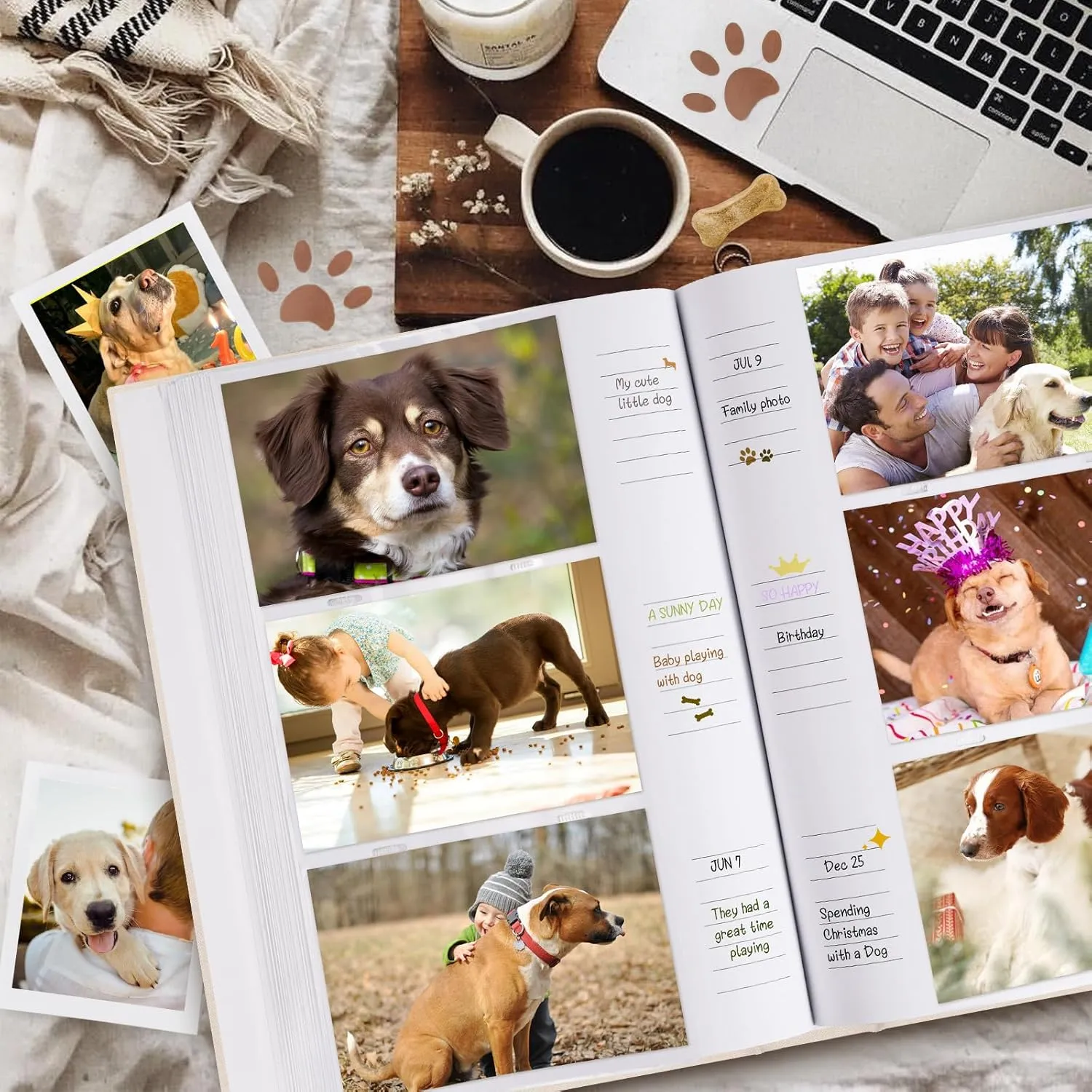 Lanpn Cute Puppy Photo Album 4x6 300 Pockets, Linen Cover A DOG'S LIFE Holds 300 Horizontal 4 x 6 Photos with Memo Writing Area Dogs Memory Book Keepsake for Dog Lovers Beige