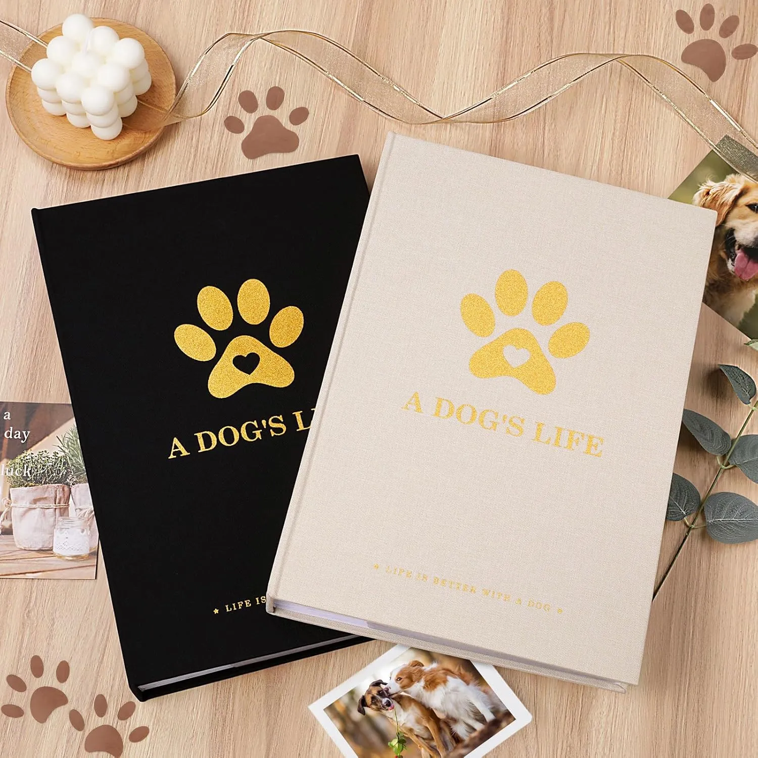 Lanpn Cute Puppy Photo Album 4x6 300 Pockets, Linen Cover A DOG'S LIFE Holds 300 Horizontal 4 x 6 Photos with Memo Writing Area Dogs Memory Book Keepsake for Dog Lovers Beige
