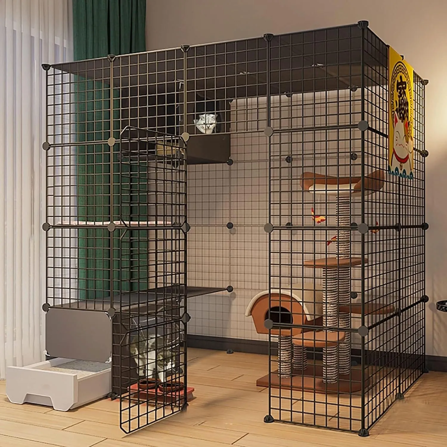 Large Indoor Cat Cage & Playpen with Detachable Metal Panels, Oversized Gate, DIY Modular Kennel for Cats & Small Pets(147x95x145cm)